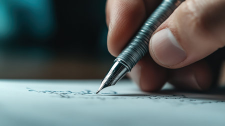 A close-up of a writer's hand holding a pen, scribbling notes for their next storyの素材