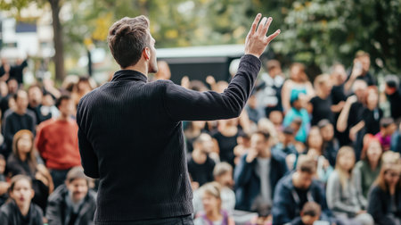 A podcast host recording a new episode, passionately sharing a gripping story with listenersの素材