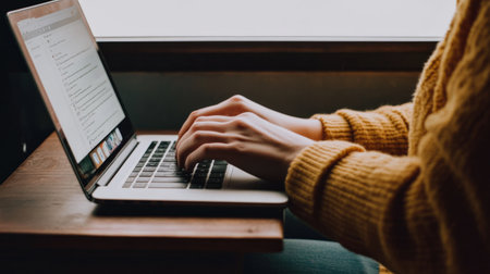 A person typing on a laptop, writing a blog post about a personal storyの素材
