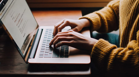 A person typing on a laptop, writing a blog post about a personal storyの素材