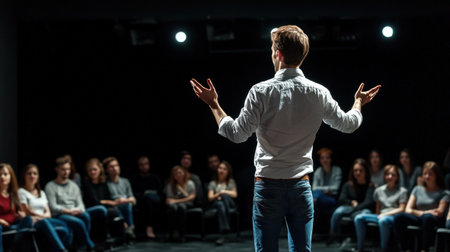 A storyteller standing on stage, captivating the audience with a dramatic tale using gesturesの素材