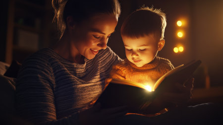 A parent telling a bedtime story to their child, holding a book under the soft glow of a nightlightの素材