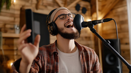 A podcast host recording a new episode, passionately sharing a gripping story with listenersの素材