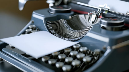 A close-up of a typewriter with a fresh piece of paper ready for a new story to beginの素材