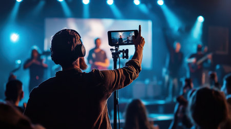 A person recording a video, enthusiastically sharing a personal journey with their audienceの素材
