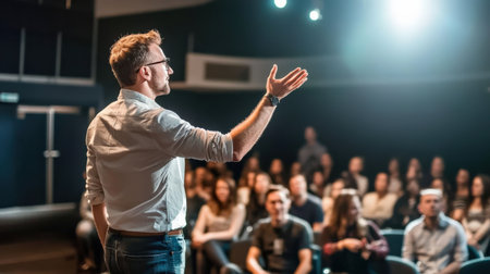A storyteller standing on stage, captivating the audience with a dramatic tale using gesturesの素材