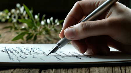 A close-up of a writer's hand holding a pen, scribbling notes for their next storyの素材