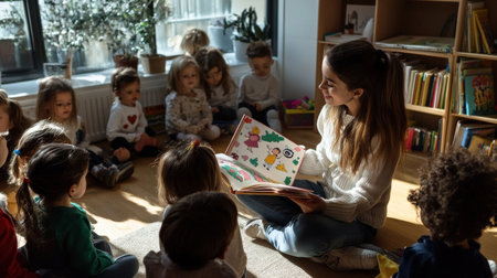 A teacher reading a book with large to a classroom full of curious childrenの素材