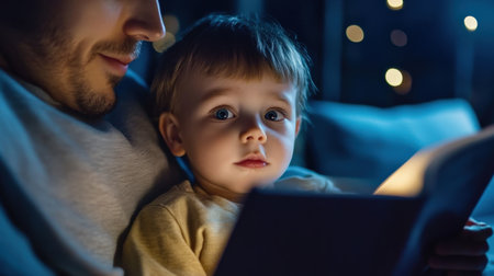A child listening intently to a story being read aloud by a parent, eyes wide with wonderの素材