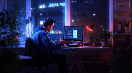 A creative writer with a cup of coffee, typing a story late at night in a cozy roomの素材