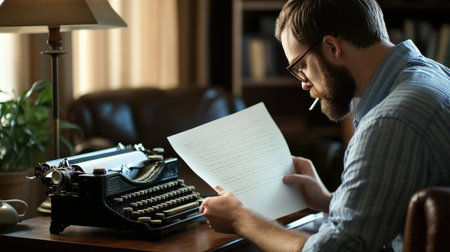 A writer staring at a blank page on their typewriter, brainstorming for their next storyの素材