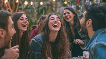 A group of people laughing while a friend shares an exciting story during a social eventの素材