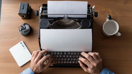 A writer staring at a blank page on their typewriter, brainstorming for their next storyの素材