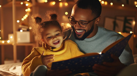 A parent reading a bedtime story to a child, both smiling and enjoying the taleの素材