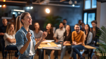 A person enthusiastically telling a story during a social event, with people gathered in excitementの素材