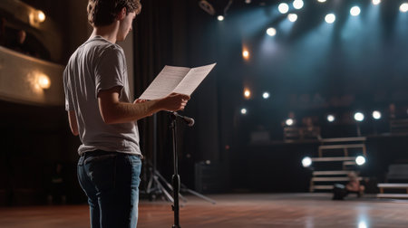 A person holding a script, preparing to tell a story on stage, surrounded by theater lightsの素材