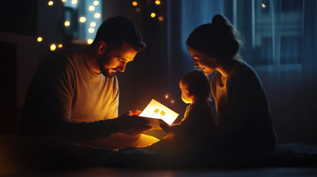 A parent reading a bedtime story to their child, with the room softly lit and cozyの素材