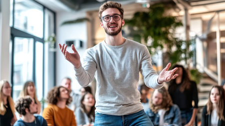 A person enthusiastically telling a story during a social event, with people gathered in excitementの素材