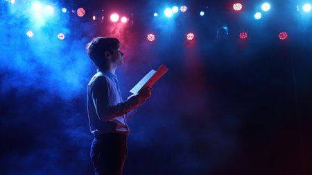 A person holding a script, preparing to tell a story on stage, surrounded by theater lightsの素材