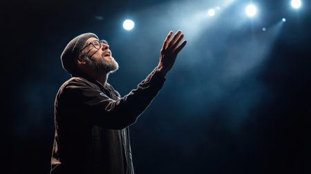 A storyteller on stage during a performance, using dramatic gestures to tell a storyの素材