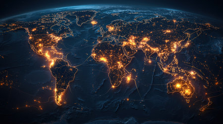 Glowing paths and points across a digital map of the world, perfect for global marketingの素材