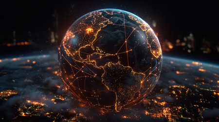 3D digital globe with glowing paths representing interconnected global networksの素材