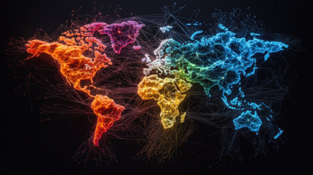 Bright and vibrant illuminated lines spanning the world map, showcasing global connectionsの素材