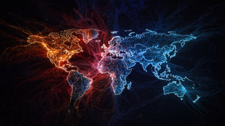 Vibrant, glowing global network representing international connectivity on a digital map, perfect for brandingの素材