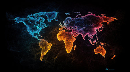 Bright and vibrant illuminated lines spanning the world map, showcasing global connectionsの素材