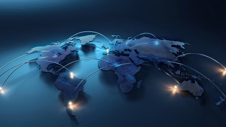 Interconnected digital world map with glowing light trails, ideal for technology and business brandingの素材