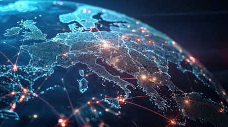 World map glowing with network connections, representing global business and connectivityの素材