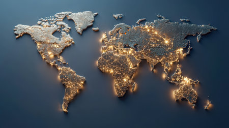 World map with interlinked glowing paths, ideal for technology and connectivity brandingの素材