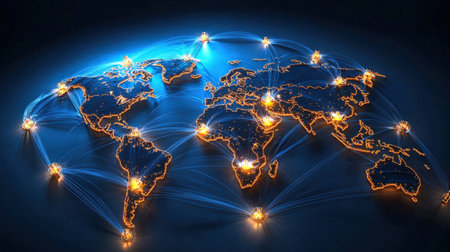 Abstract representation of global connectivity with glowing network lines on a dark mapの素材