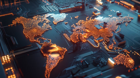 Futuristic world map illuminated by glowing network paths and nodes, perfect for digital marketingの素材