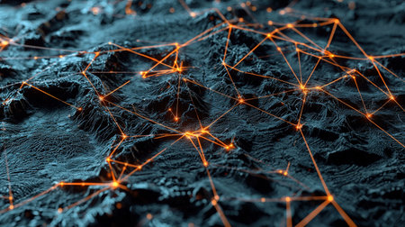 Abstract representation of global connectivity with glowing network lines on a dark mapの素材