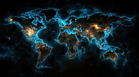 Luminous paths across a world map, visualizing global networking for tech-based marketingの素材