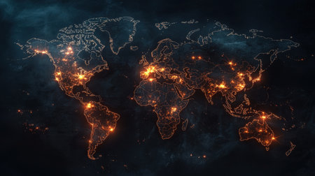 Luminous paths across a world map, visualizing global networking for tech-based marketingの素材