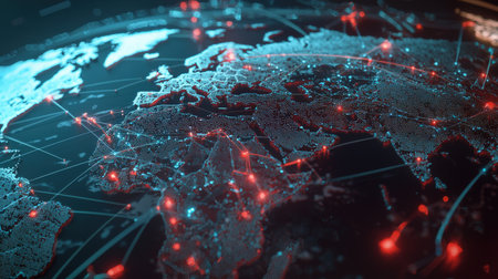 Connected glowing lines across the world map, representing global networking, ideal for brandingの素材