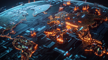 World map illuminated by glowing digital connections, ideal for showcasing advanced technologyの素材