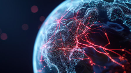 Bright light trails and network connections across a 3D globe, perfect for global brandingの素材