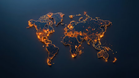 World map with illuminated network nodes, ideal for showcasing international business and techの素材