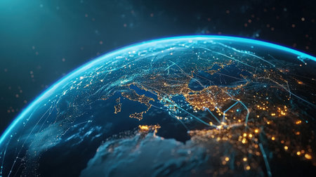 Digital earth with illuminated paths linking major cities, high-resolution tech branding imageの素材