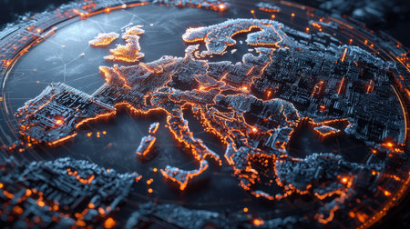 Futuristic world map illuminated by glowing network paths and nodes, perfect for digital marketingの素材