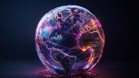 Vibrant, glowing network lines circling a 3D globe, ideal for marketing global tech solutionsの素材