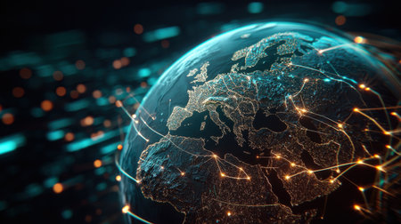 Digital earth with illuminated paths linking major cities, high-resolution tech branding imageの素材