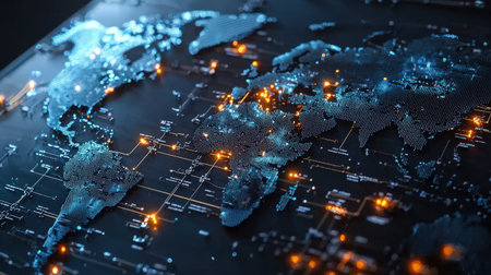 World map illuminated by glowing digital connections, ideal for showcasing advanced technologyの素材
