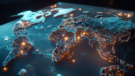 World map illuminated by glowing digital connections, ideal for showcasing advanced technologyの素材