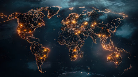 World map with illuminated network nodes, ideal for showcasing international business and techの素材