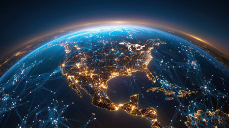Bright, glowing network lights illuminating global connectivity on a 3D globe, perfect for brandingの素材