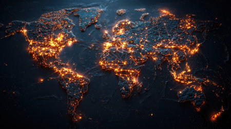 Digital world map with glowing connections, ideal for tech and communications brandingの素材